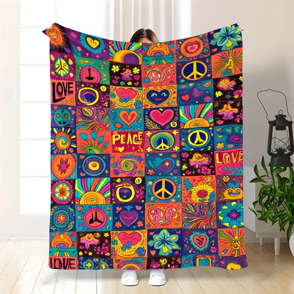 Hippie Peace Sign Love Heart Floral Psychedelic Square Patchwork Print Flannel Fleeced Blanket Cozy Throw Blanket Premium Lightweight Blanket Throw Season Cozy Warm Nap Multifunctional Blanket, Boho Retro 60s Peace & Love Versatile Gift For Hippie Bohemia