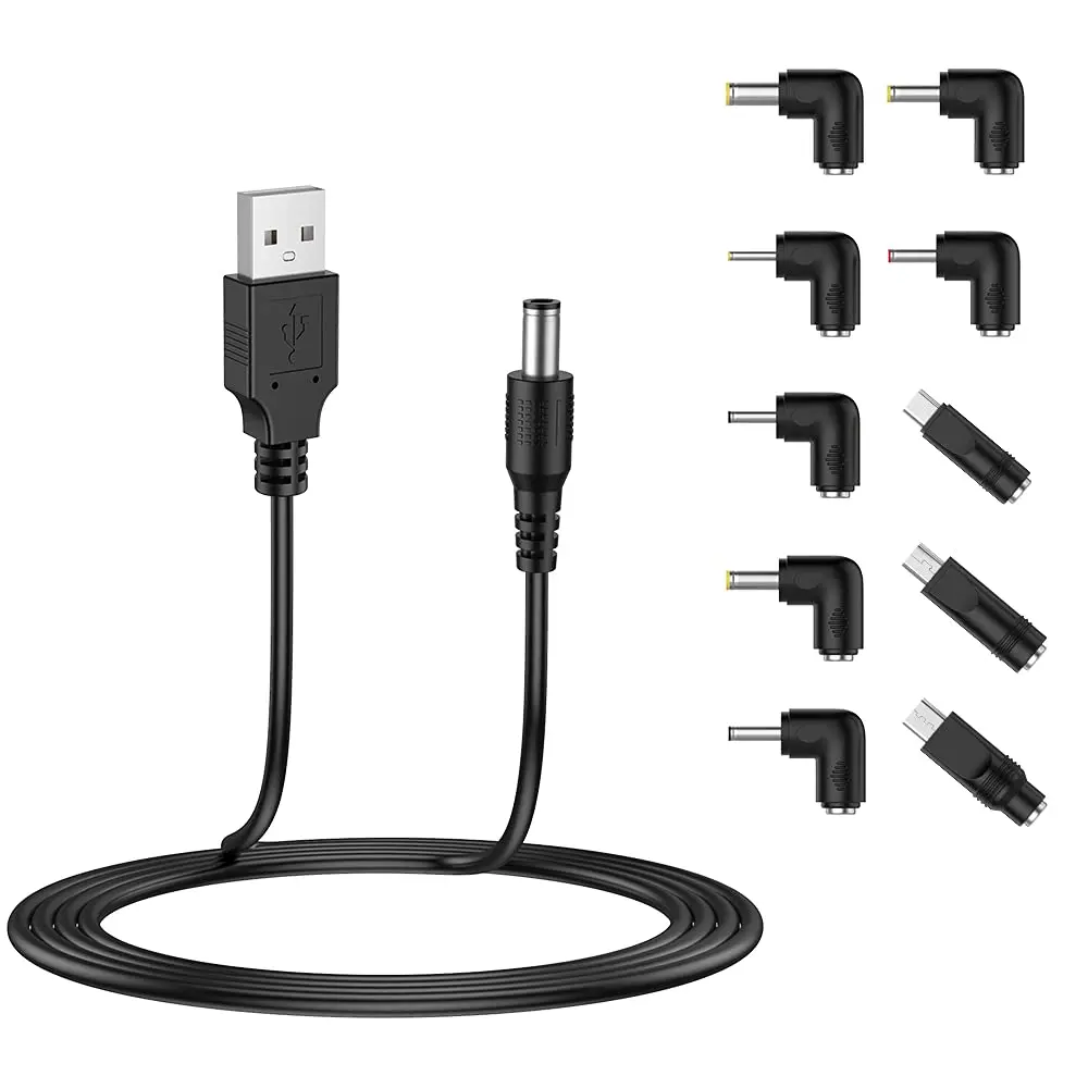USB to DC 5V Power Cord,  DC 5.5x2.1mm Plug Jack   with 10 Connector Tips(5.5x2.5, 4.8x1.7, 4.0x1.7, 4.0x1.35, 3.5x1.35, 3.0x1.1, 2.5x0.7,  USB, Type-C, Mini USB)5FT