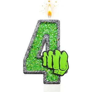 Cartoon Hero Birthday Number Candle Green Fist Birthday Candles for Cake, Green Glitter Number 4 Candle Cake Topper with Sequins for Cupcake Topper Party Favors Decor Supplies