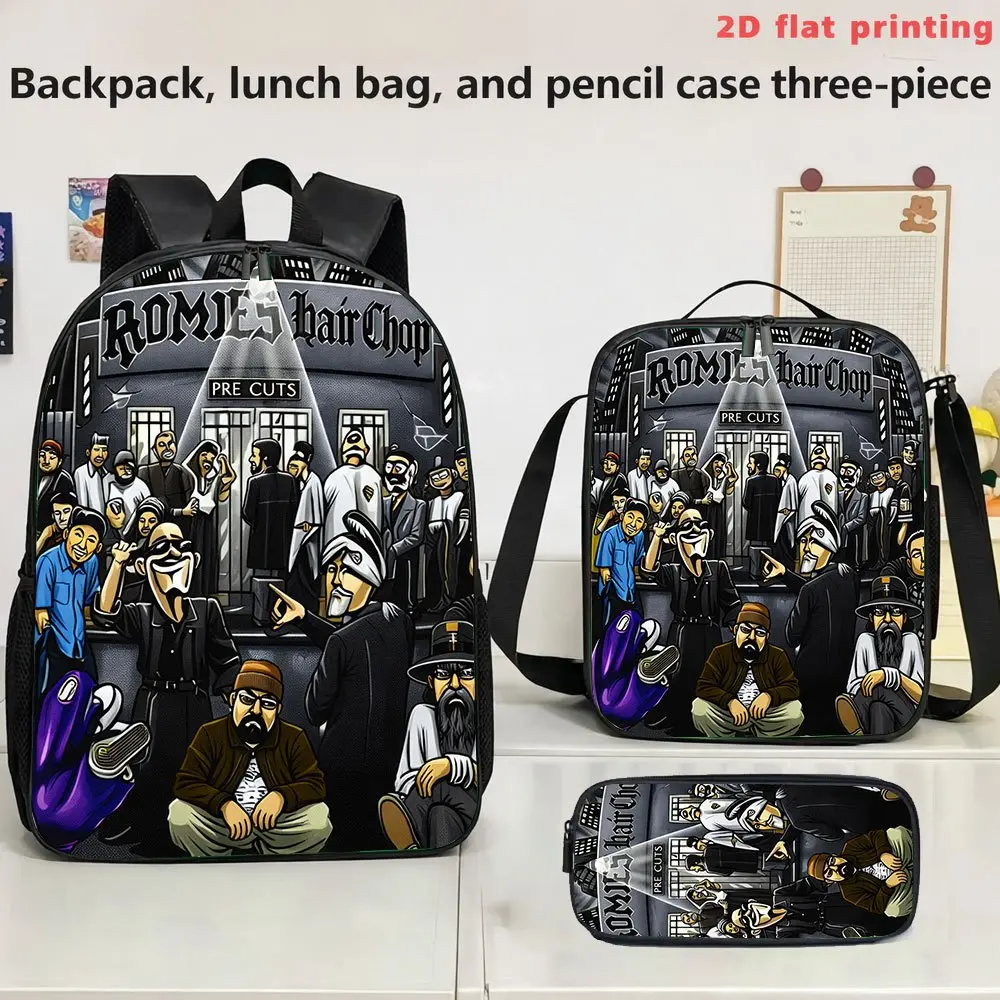 Teens' 3-Piece Pattern Backpacks Set - Durable, Water-Resistant, Lightweight, Spacious 15in Laptop Bag, Lunch Box, Soft Padded Straps, Zipper, Dark Gray Urban Street Barber Shop Chicano Lowrider Cartoon Unisex Stylish Daypacks for School Use