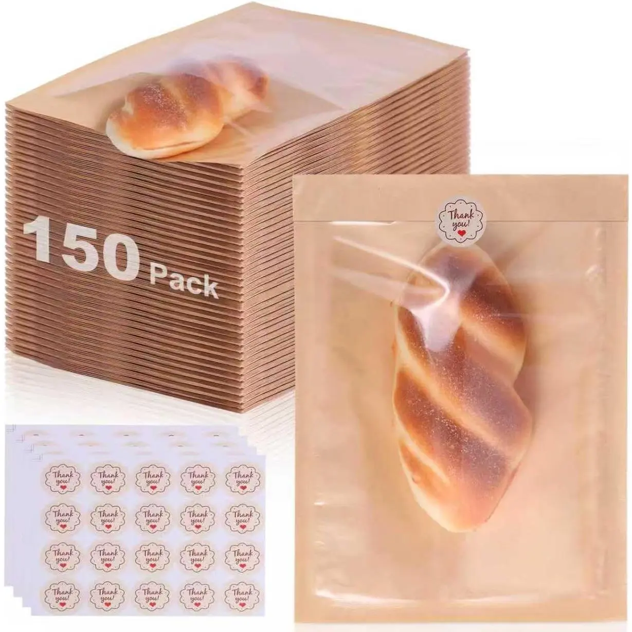 150 Pack Cookie Bags with Stickers, 5.1x7.5" Heat Seal Bakery Bags | Greaseproof paper bakery bags with clear window, 160 stickers for donuts, brownies, cake slices, sandwiches & bake