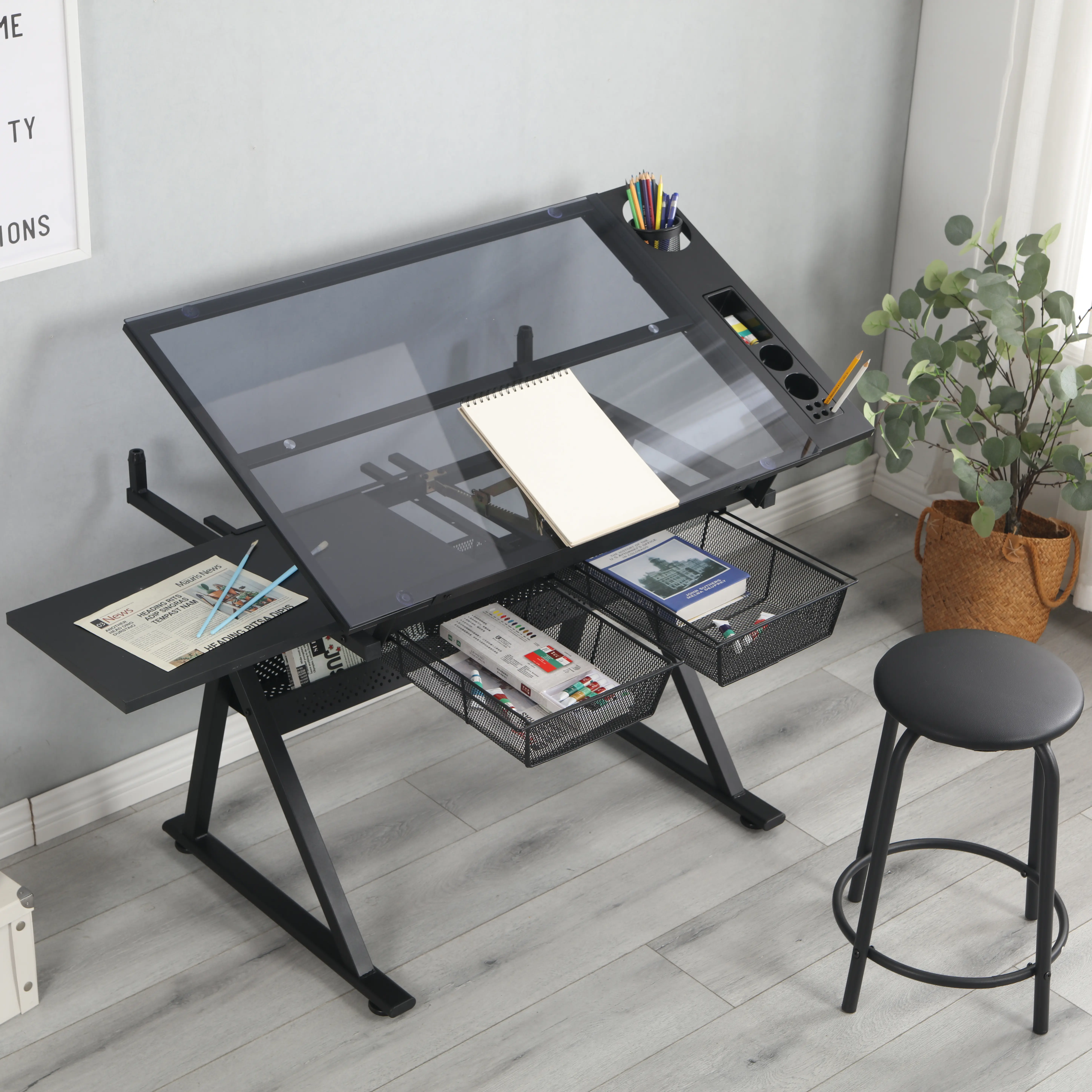 ARCH Height-Adjustable Rectangular Glass Studio Drafting Desk with Single-Seat Metal Stool, Compact Footprint Space-Saver Commercial Office Furniture, Easy-to-Clean Tempered Glass Workstation, Assembly Required