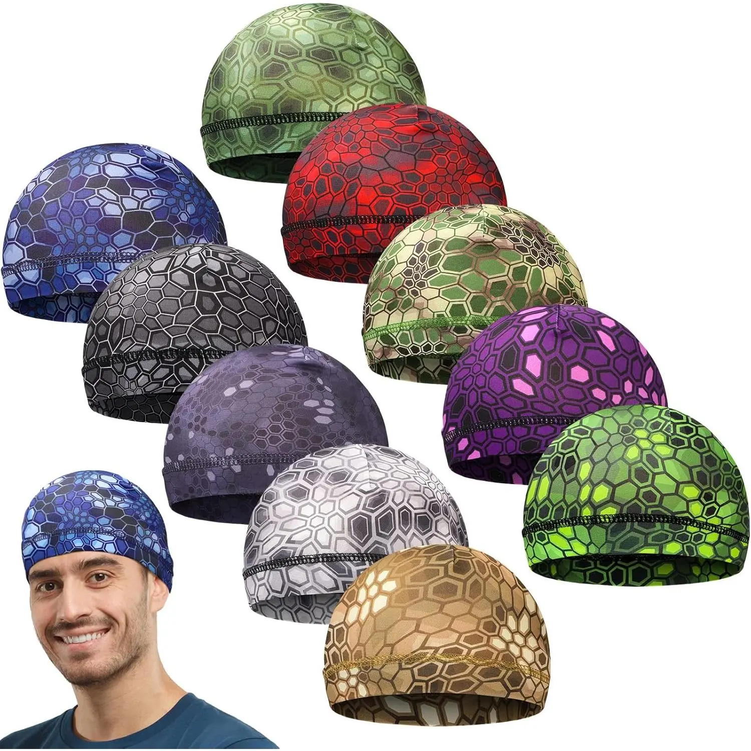 10-Pack Men's Cooling Skull Cap - Wicking Fabric Outdoor Sports Hard Helmet Liner, Cycling Beanie, Do Rag Head Wrap Bandana (for Welding)