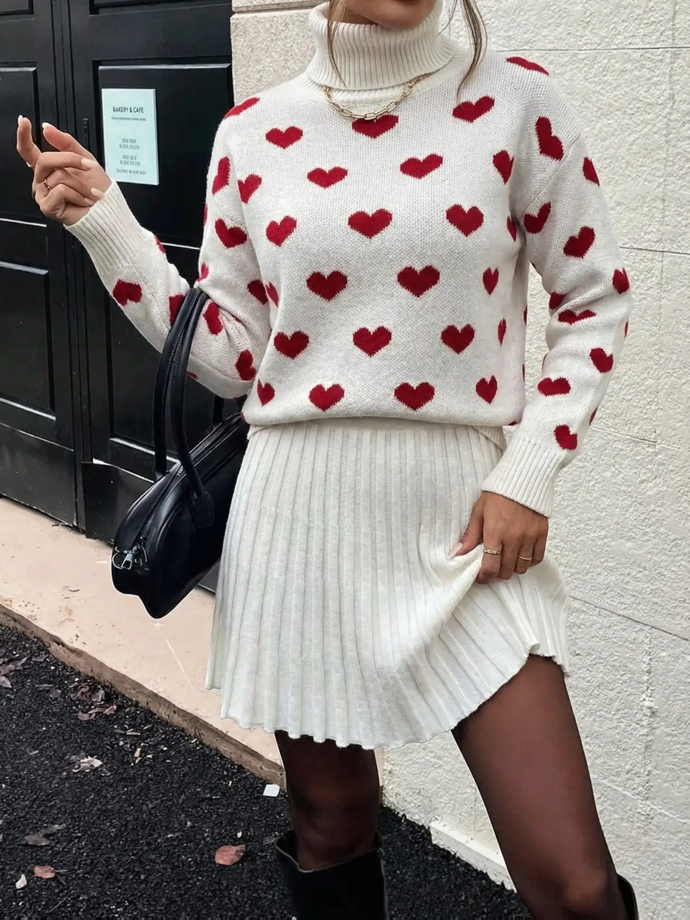 Two-Piece Set Snowflake Heart Sweater Pleated Skirt, Elegant Slim Fit, High Neck Long Sleeve, Fall Winter Casual for Women