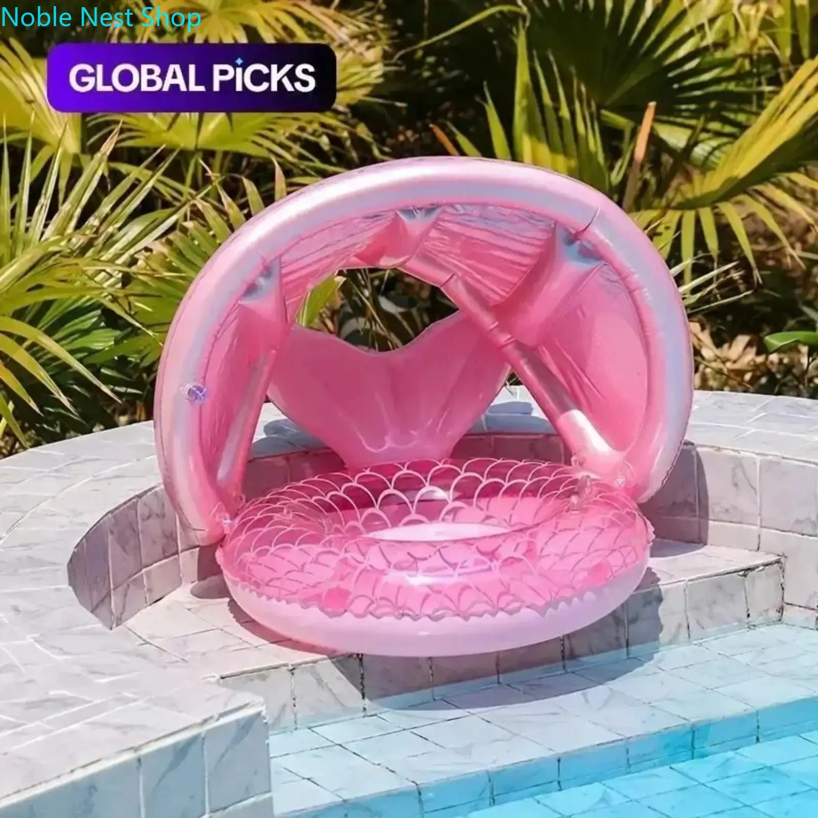 Cute Mermaid Tail Shape Pool Float for Kids, Durable PVC Swimming Ring with Built-in Sun Protection Canopy and Easy-to-Inflate Design for Beach and Pool Parties, Pool Party, Beach Pool Party