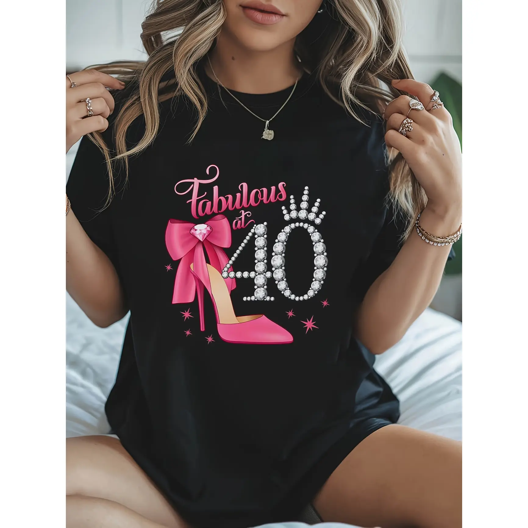 Fabulous At 40 Birthday High Heel Diamond Graphic Short Sleeve Tee, Women Birthday Party Casual T Shirt, Relaxed Fit Soft Breathable Tops with Printed Craft, womens summer clothing summer outfits women, Celebration outfit for summervibes