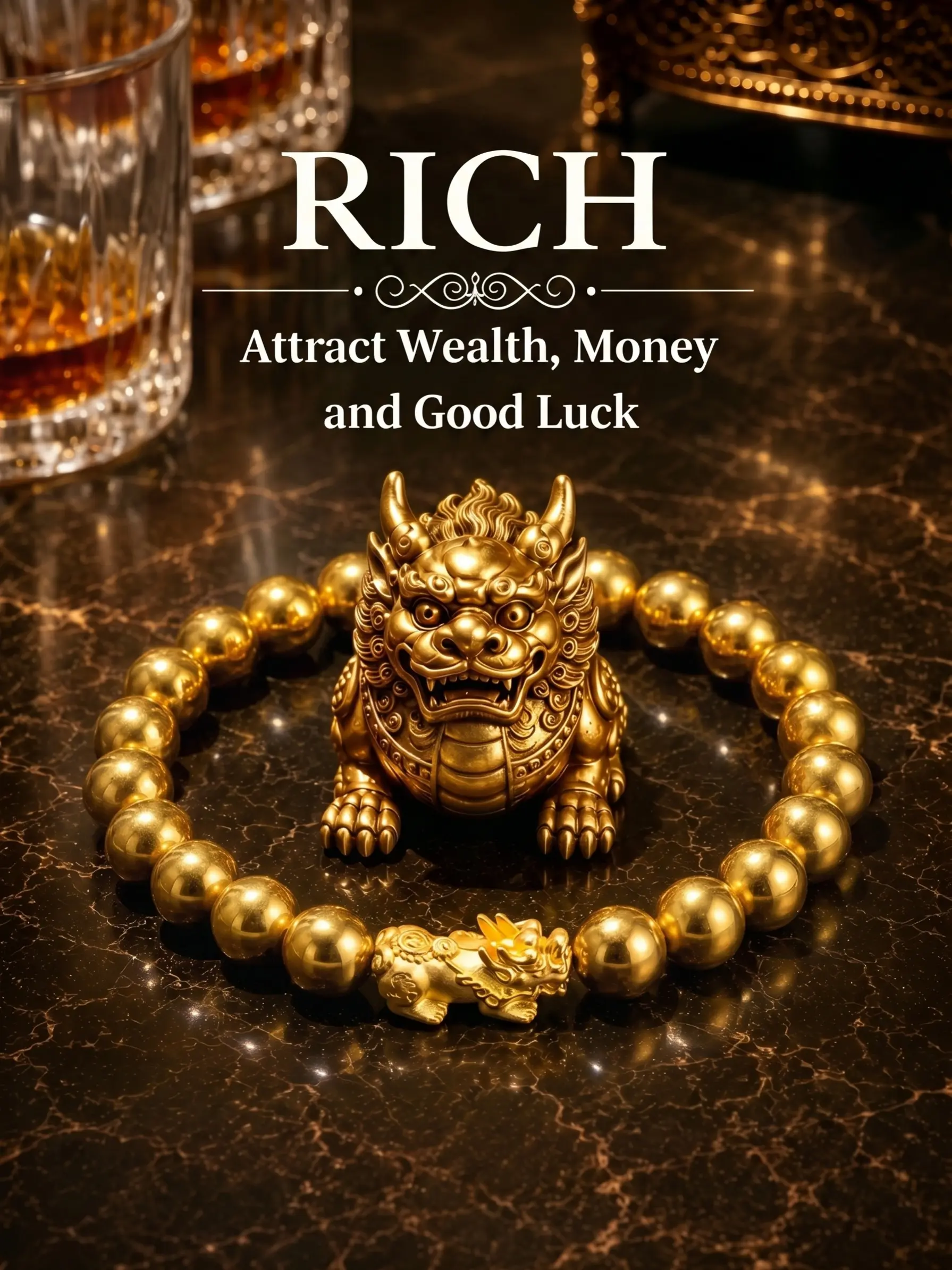 24K Gold Plated Money Attraction Bracelet with Sand Gold Style Pixiu, Elastic Rope Luxury Gold Bead Bracelet for Men Wealth Health Protection Fashion Chinese Style Jewelry Gift