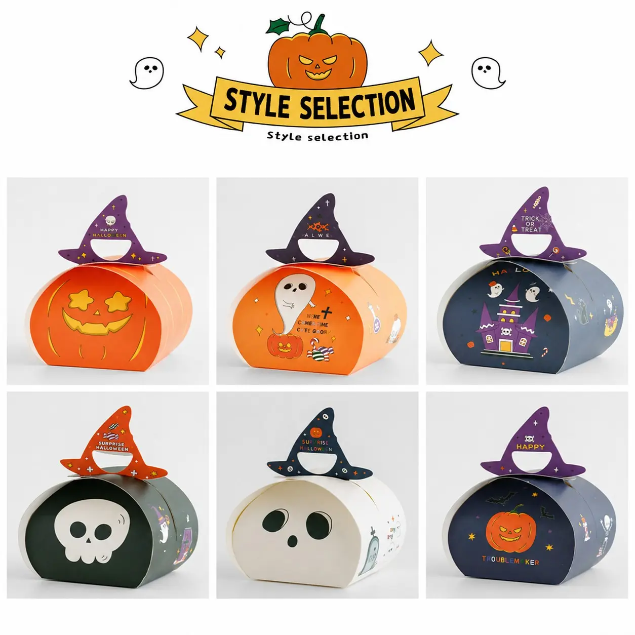 6/12pcs Spooky Halloween Treat Boxes with Witch Hat Handle, Cute Candy Cookie Gift Boxes, Trick or Treat, Party Favor Packaging & Decorations