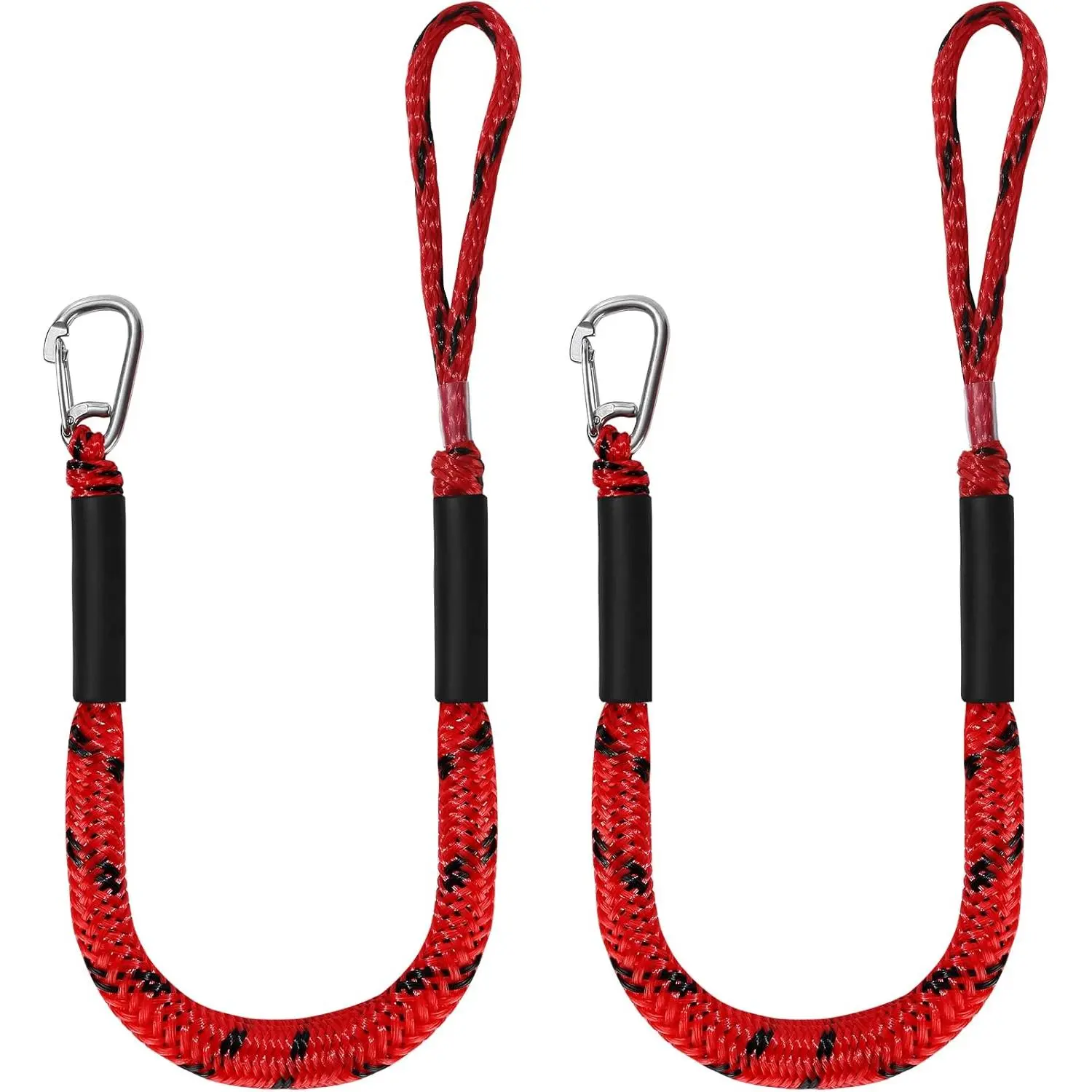 Red/Black Bungee Dock Lines 2-Pack, 4ft to 5.5ft Stretch, 2200lb Shock-Absorbing Mooring Cord with Clip and Cleat-Friendly Loop for Medium Boats & Pontoons - Outdoor Sport Rope, Jet Skis, Clip+Loop Set