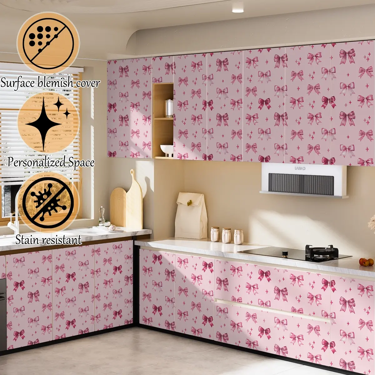 Peel and Stick PVC Wallpaper, Pink Bow Pattern Self Adhesive Wall Paper, Sweet Removable Decor for Bedroom Living Room Office, Kitchen Wallpaper Peel and Stick, Peel And Stick Wallpaper For Bathroom