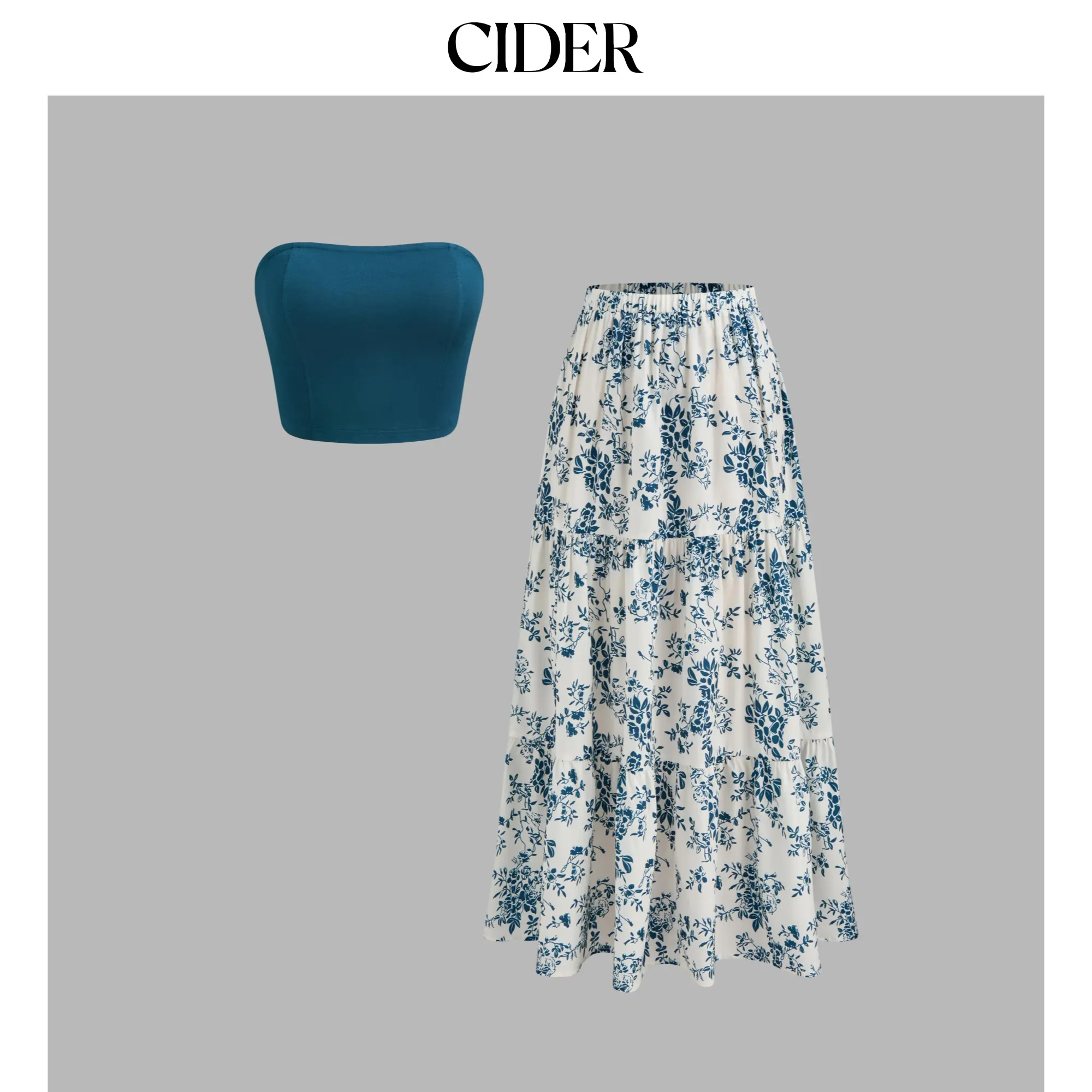 Cider [size 2-10] Solid Crop Tube Top & Mid Rise Floral Ruffle Tiered Maxi Skirt Set