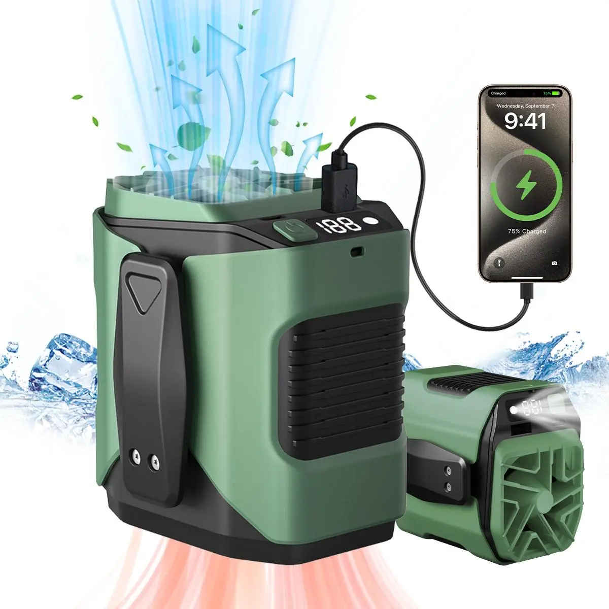 Wearable Waist Clip Fan with Power Bank, 5000mAh Rechargeable Personal Cooling Fan, 10 Speeds 10000RPM Strong Airflow, LED Display, Hands-Free Belt & Neck Fan for Jobsite, Camping, Outdoor Work, Travel, Hiking & Fishing