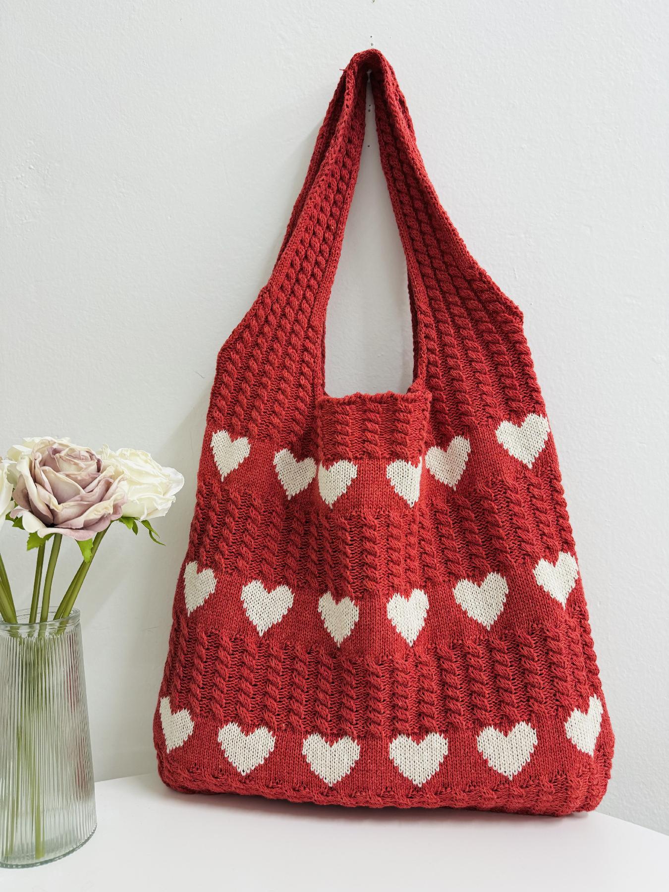 Heart Pattern Crochet Summer Tote Bag for Women, Summer 2024 Large Everything Tote Bag, Large Beach Bags, Trendy High Quality Everyday Shoulder Bag for Daily