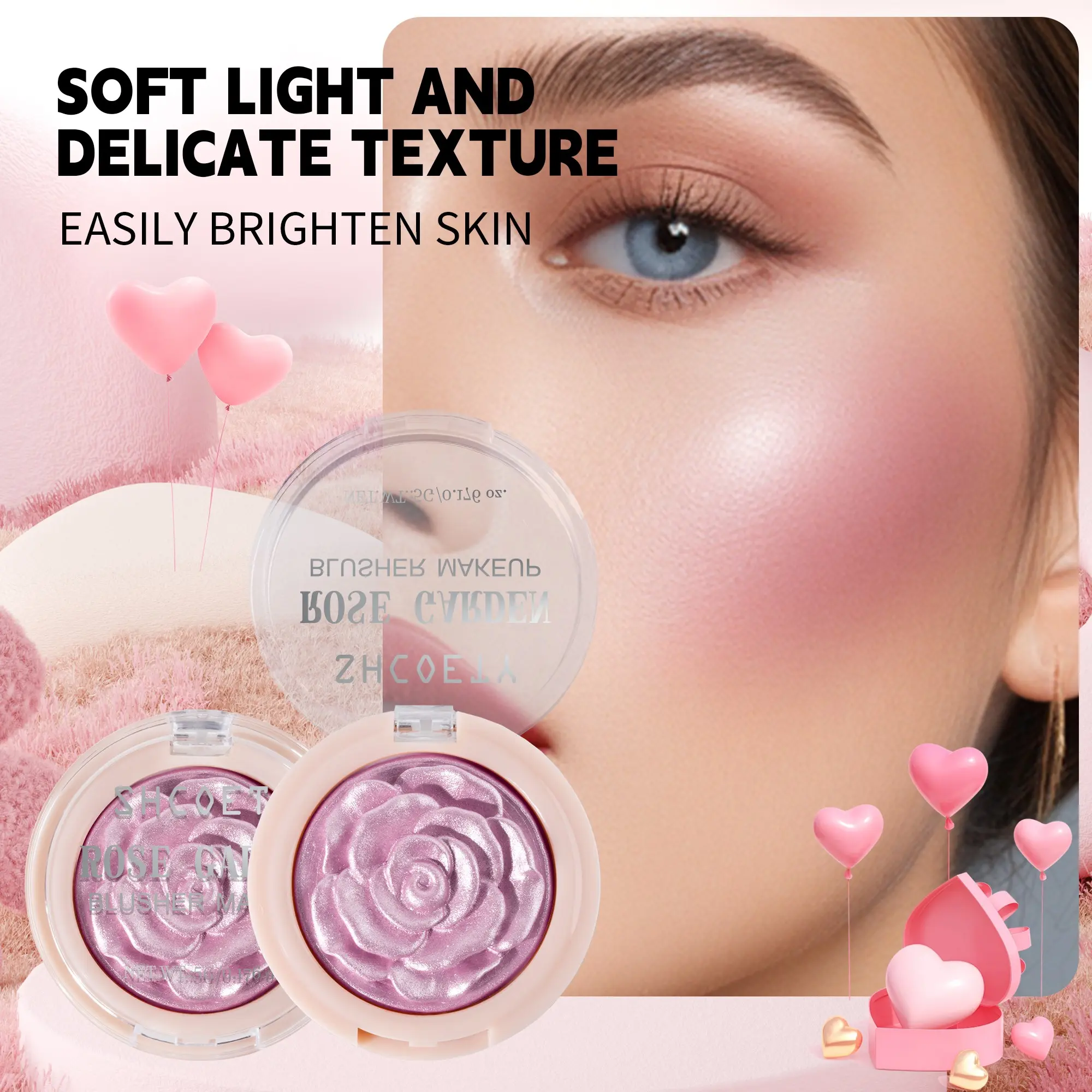 3D Rose Blush Face Highlighter Powder, Pressed Shimmer Highlighter, Glitter Finish, Fine Texture, Non-Toxic, Solid Makeup, Perfect for Music Festivals and Parties