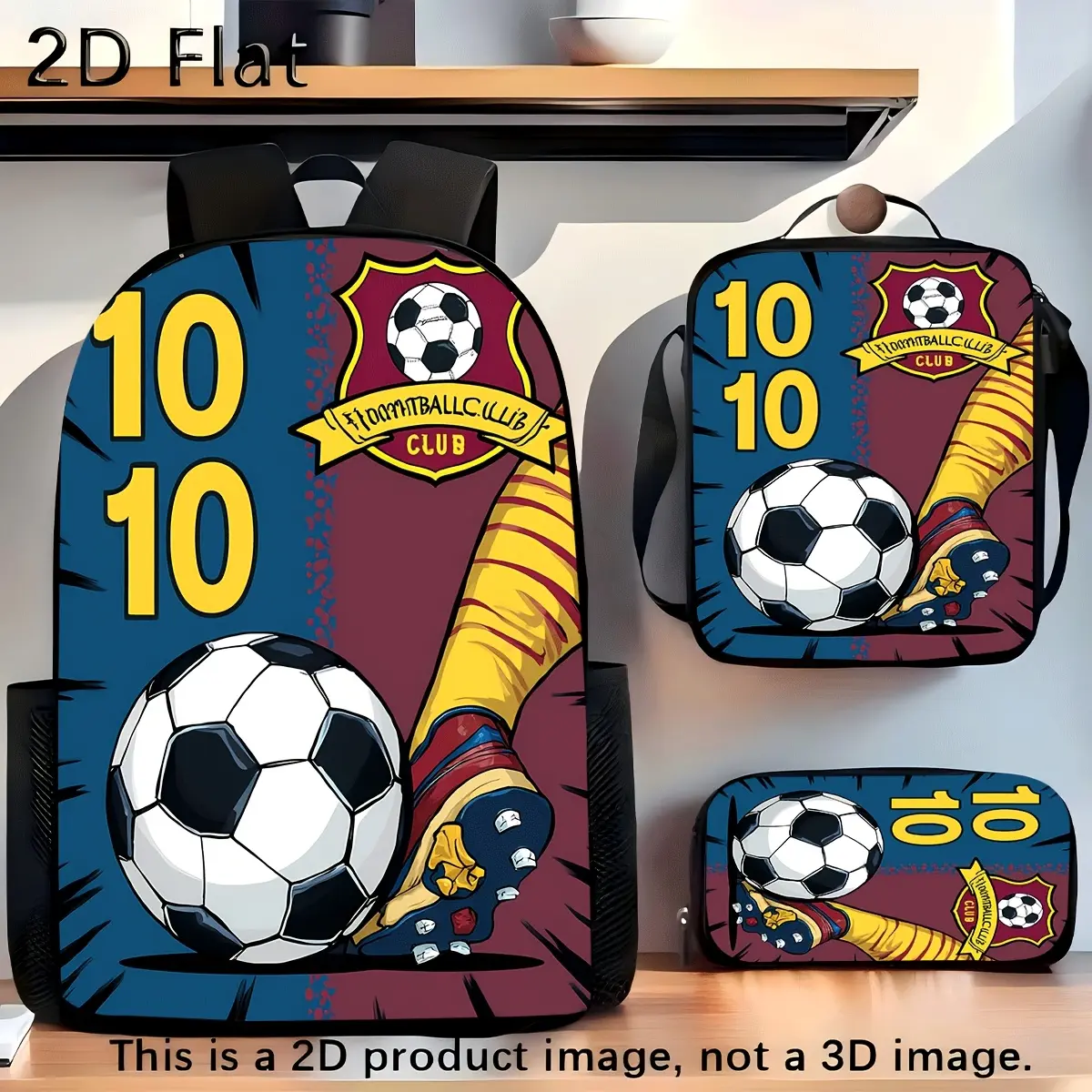 Football Theme Oxford Cloth 3-Piece Backpack Set for Soccer Fans - Durable, Water-Resistant, Lightweight, Split Colors School Bag with Adjustable Straps, No.10 Club Badge Print, Large Rucksack, Thermal Lunch Tote & Stationery Pouch