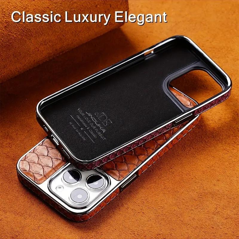 Snake Skin Pattern Phone Case, Electroplated Frame Slim Premium Faux Leather Cover, Shockproof Full Protective Case for iPhone 16/15 Pro Max