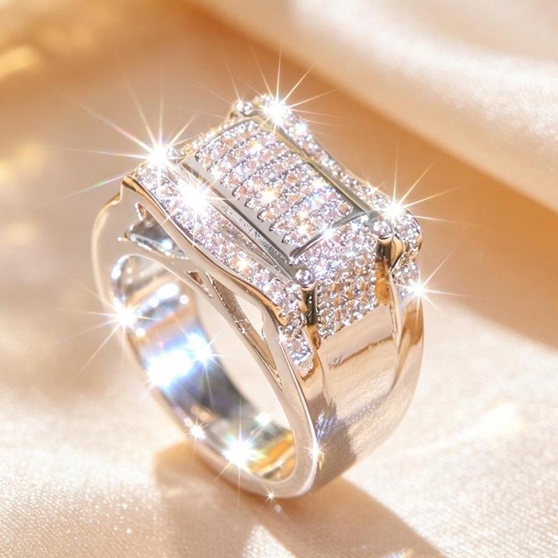 Unisex Chunky Bold Ring - Baguette CZ & Round Cut Synthetic Zircon, Glamorous Costume Jewelry Accessory for Daily Wear & Special Occasions, Unisex Ring