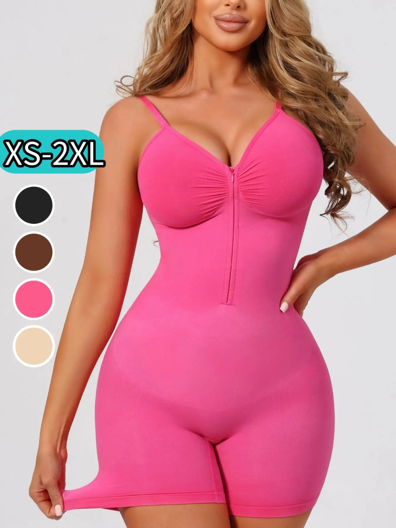 Women's Full-Body Shapewear Bodysuit with Straps, Front-Zip Tummy-Control Body Shaper with Thigh Slimming, Seamless Sculpting Bodysuit (XS-2XL)