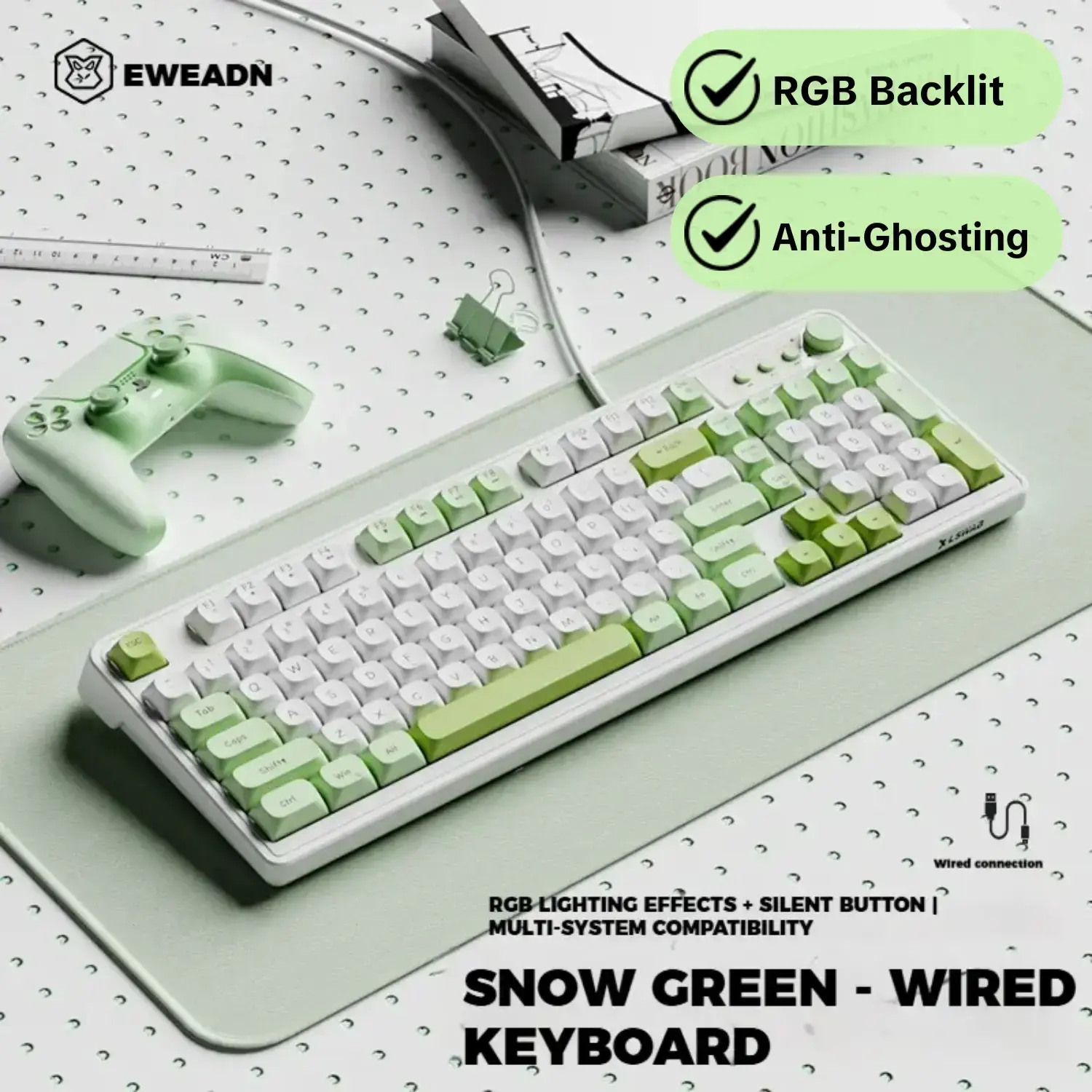 EWEADN Wired Gaming Keyboard 98 Keys with Volume Knob RGB Lighting, Lighted Keyboard, RGB Backlit Multimedia Keys Double Stand Feet Anti-Ghosting Ergonomic Design Double-Shot ABS Keycaps Perfect for PC Mac Gamers and Office