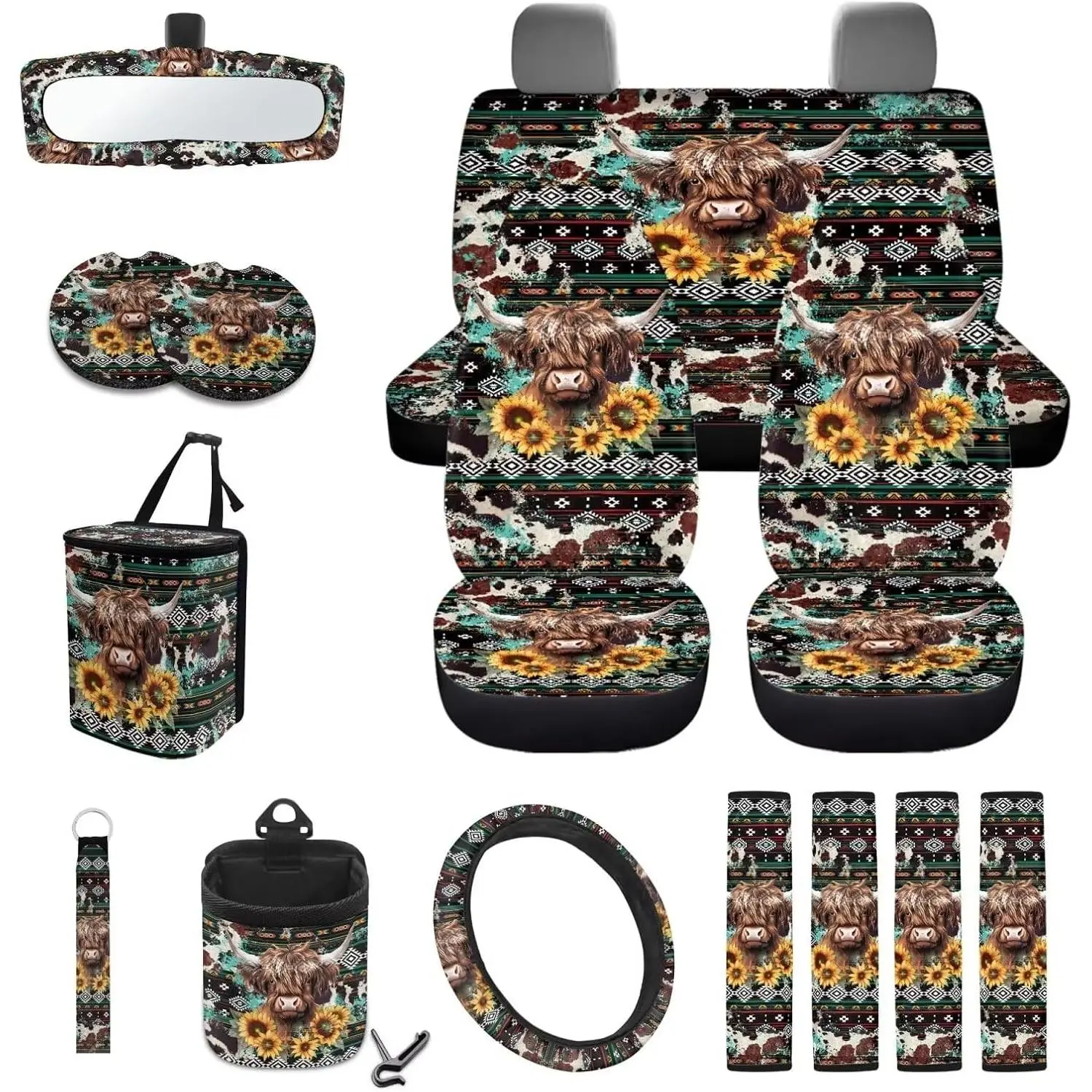 Wanyint Aztec Highland Cow Sunflower Car Seat Cover Seat Protector 15 PCS, with Steering Wheel Cover Seat Belt Pad Garbage Bag Air Vent Bag Rearview Mirror Cover Coasters Key Chain Universal Fit