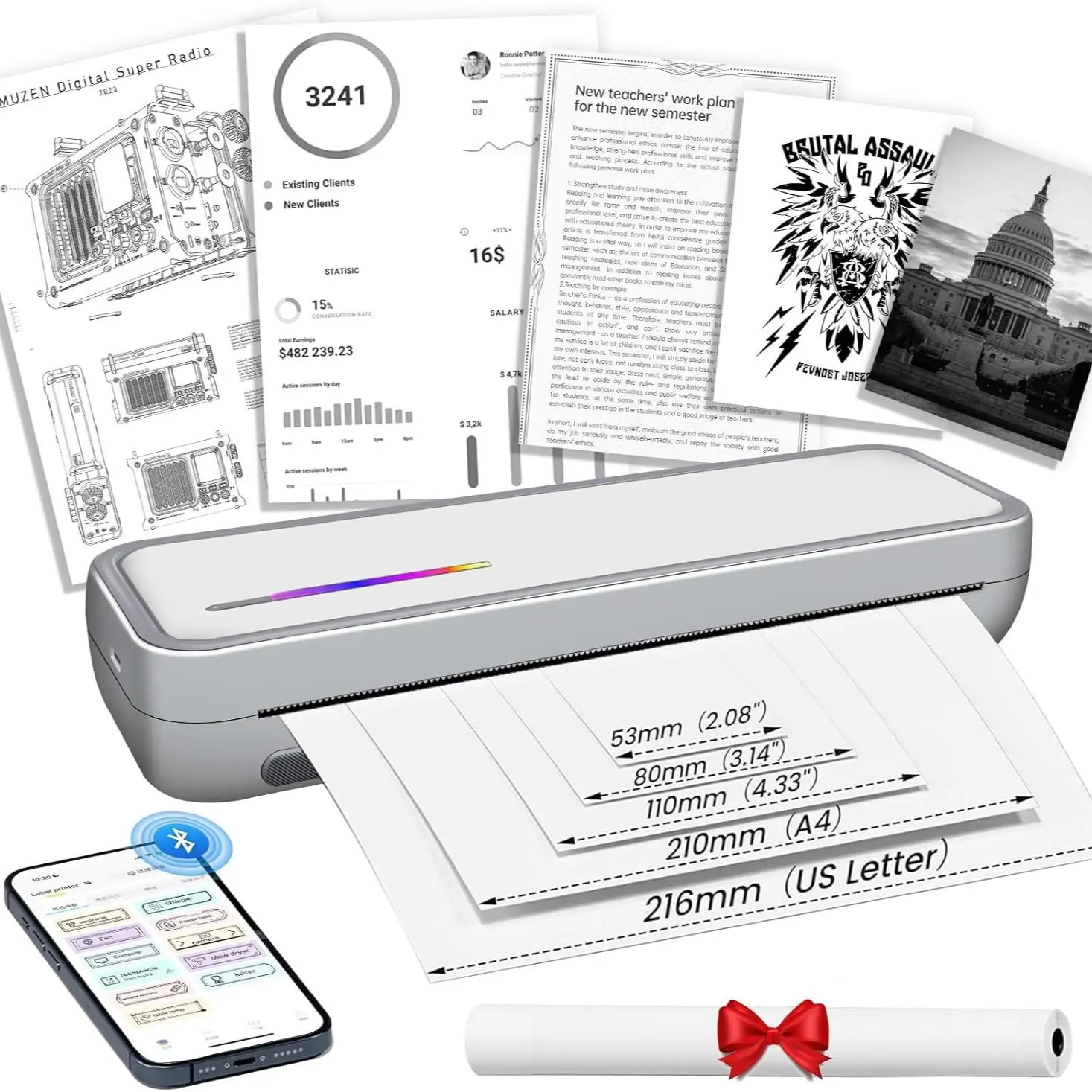 Portable A4 Printer Set, Wireless Rechargeable USB Printer, Bluetooth-compatible Compatible, Office Accessories, Ideal for Home and Office Use