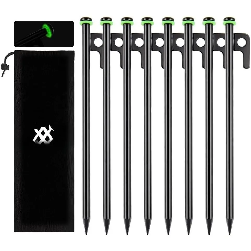 8Inch Heavy Duty Tent Stakes,8 PCS Tent Pegs Metal+Fluorescent  Rings+ Storage Bag for Camping