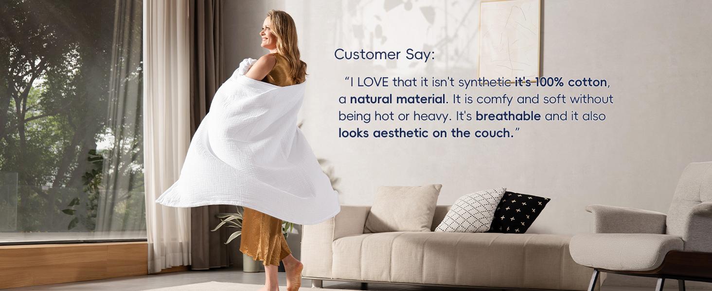 PHF 100% Cotton Muslin Blanket Queen Size 90"x90", 4-Layer Lightweight Gauze Throw, Breathable Cloud-Soft Minimalist Blanket for Bed, Couch, Camping & Baby, Grey, Gift