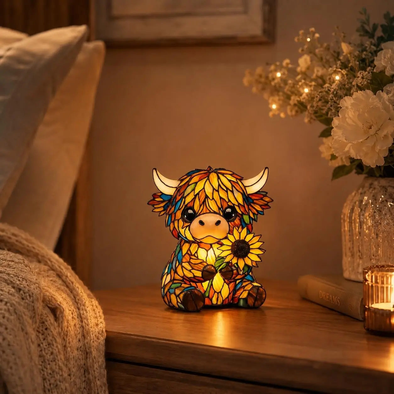 Highland Cow Sunflower LED Night Light, 5.9 Inch Colorful Glass Style Resin Desk Lamp, Unique Animal Decor Gift for Bedroom, Office, Bookshelf