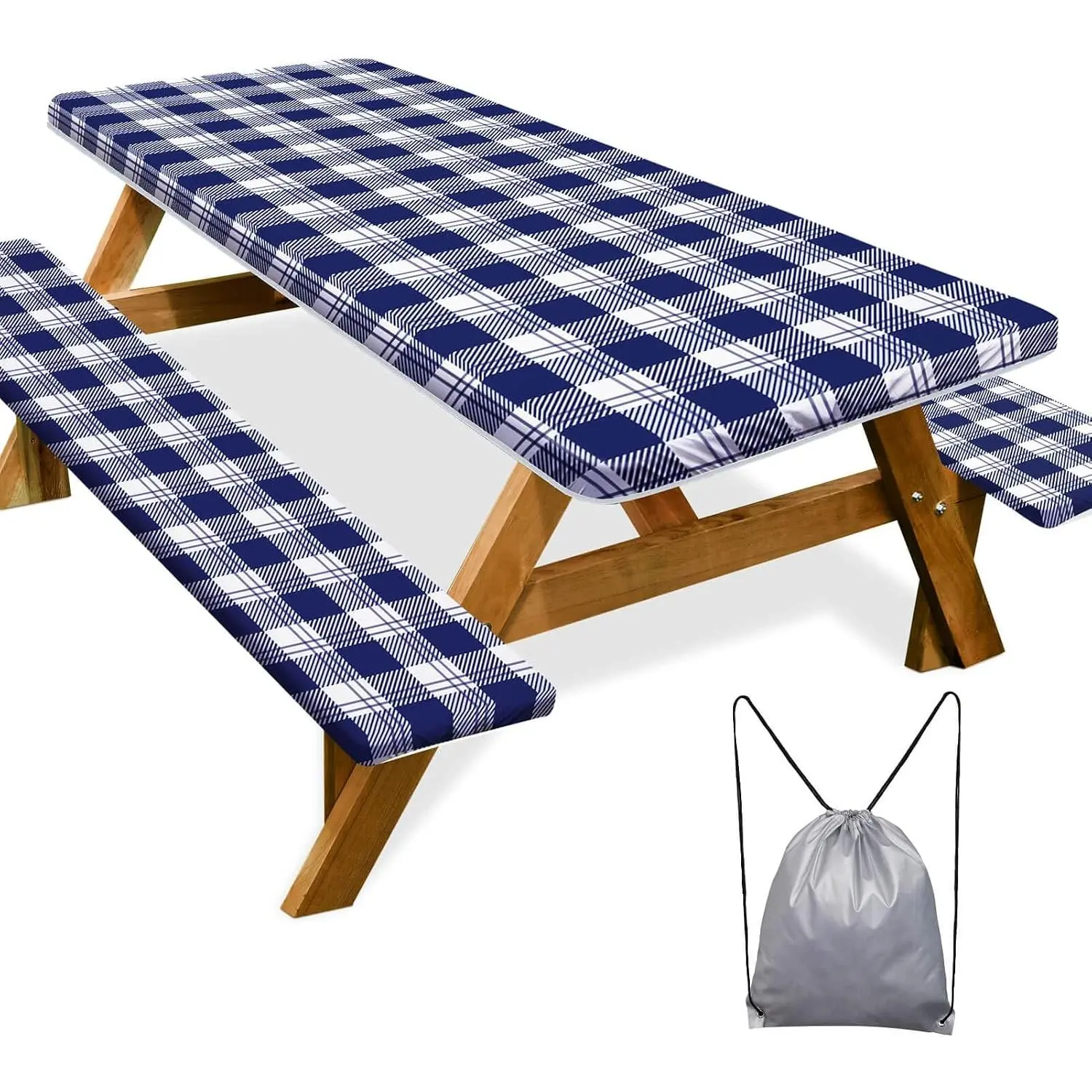 Picnic Table Cover with Bench Covers Camping Essentials Waterproof Windproof Camping Tablecloth with Drawstring Bag, Fitted Rectangle Tables and Seats, 72in, Blue Checkered