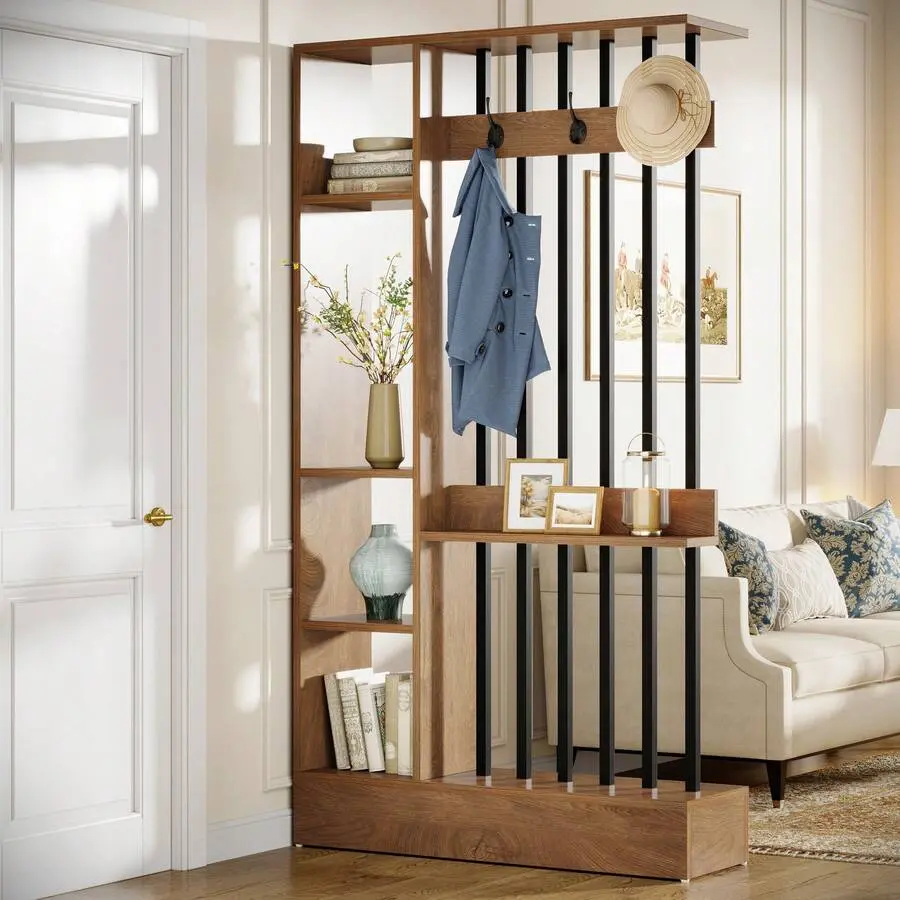 71" Brown MDF Wood Freestanding Room Divider Bookcase - Open Shelves for Books, Coat Hooks, New Chinese Graphic Print Indoor Partition for Home & Office Furniture Decor, Single Unit