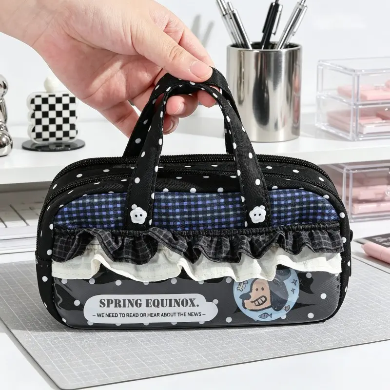 Korean Style Sweet Cool Handbag Pencil Case, Large Capacity Multi-Layer Student Stationery Bag, Polka Dot Grid Ruffle Trendy Pencil Box
