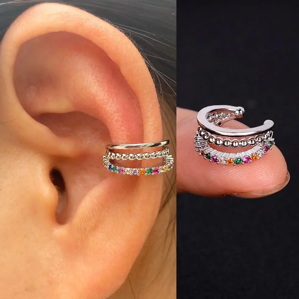 Women's 1-Piece Copper Geometry Rainbow CZ Wrap Cuff Clip Earrings - Casual Fake Piercing Ear Cartilage Bone Climber Non-Piercing Clips, Women Girls, Climber Ear
