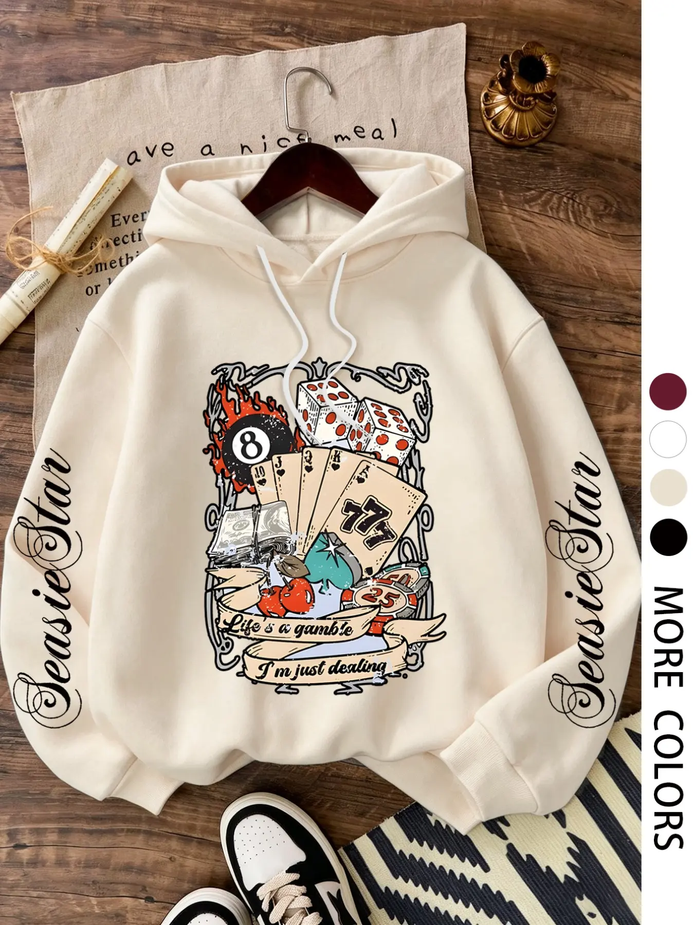 Hoodie with Poker & Dice Pattern, Long Sleeve Letter Print, Loose-Fit Casual Top, Fall Winter Essential, Multiple Colors Available