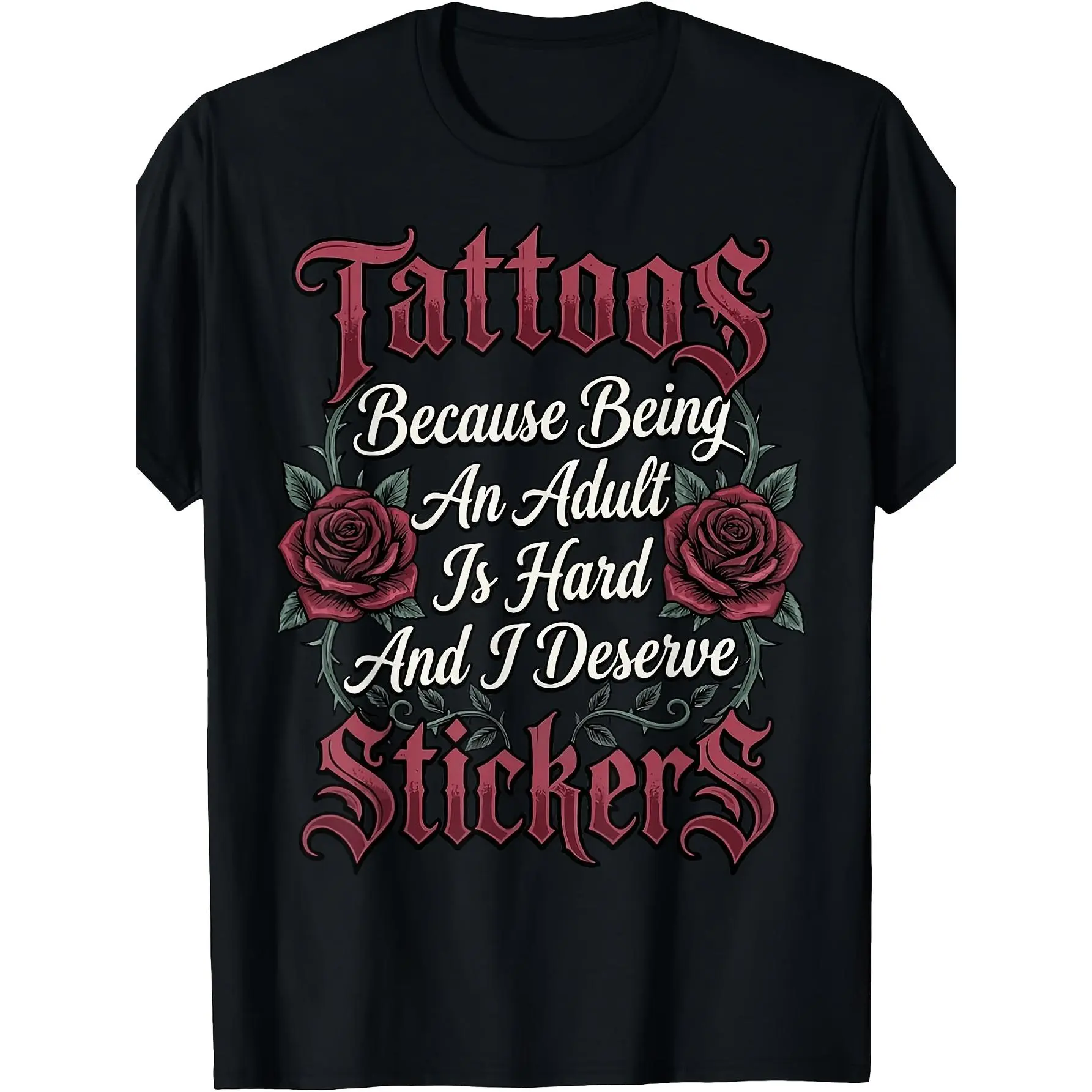 Funny Tattoo Humor T-Shirt - "Tattoos Because Being an Adult Is Really Hard" Retro Graphic Tee, Round Neck Casual Shirt Suitable for Adults, Machine Washable Adult Apparel for Parties & Casual Attire dark Gothic Patterned Cotton