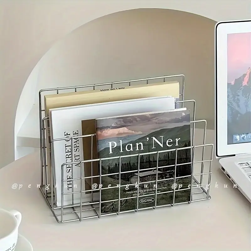 Modern Silvery Office Book Organizer - Stylish Metal with Storage Basket - Modern Magazine and Newspaper Holder, Suitable for Home Office Decor, Nordic Style Iron Three-Tier Bookshelf, Desktop and Drawer Organizer
