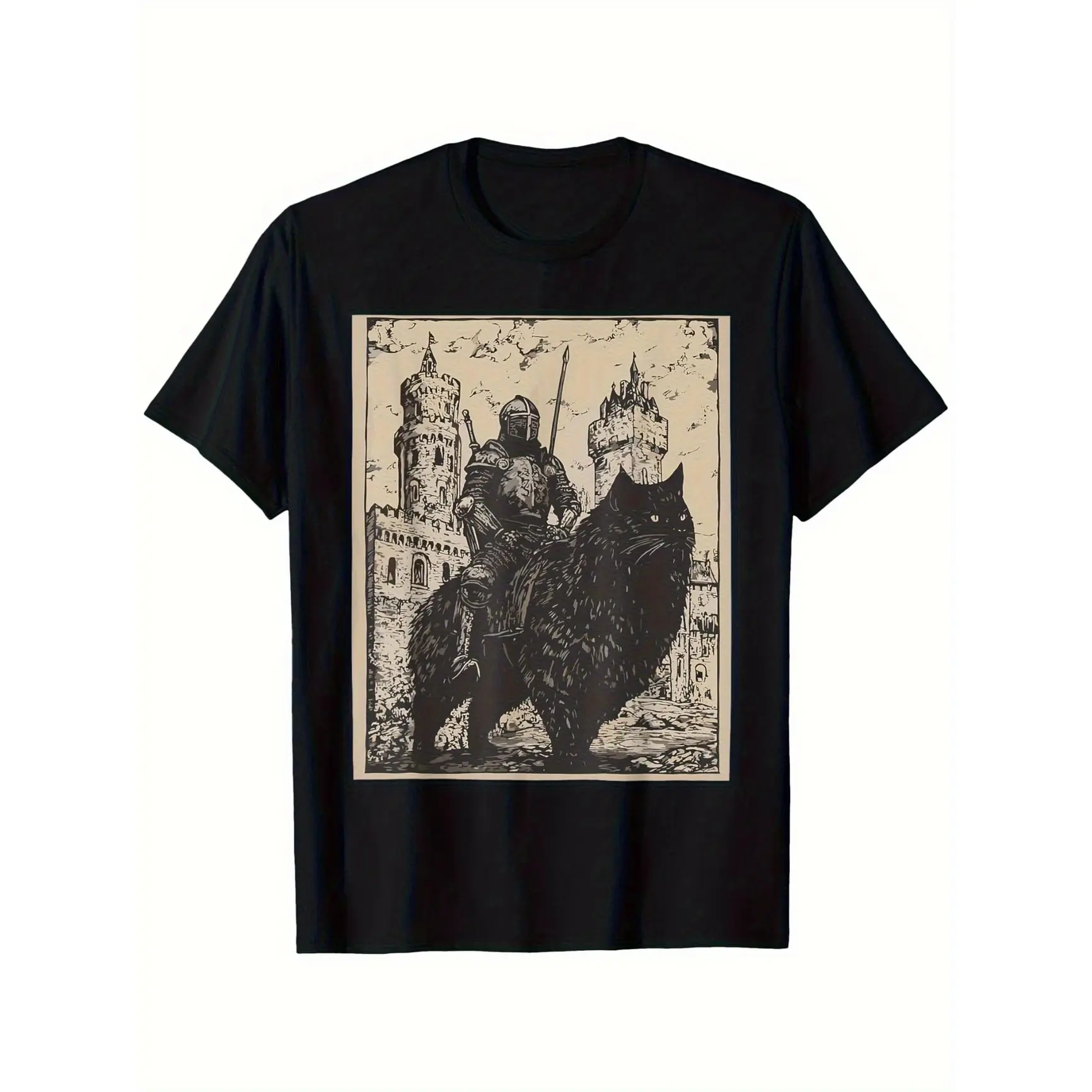 Oversized Comfort Cotton Graphic Tee, Medieval Knight Riding Giant Black Cat Castle Woodcut Fashion Outfit, SummerVibes,Vintage Fantasy Cat Medieval Casual Shirt, Ideal Valentine & Holiday Present For Him Her Medieval Fantasy Cat Dark Art Lovers