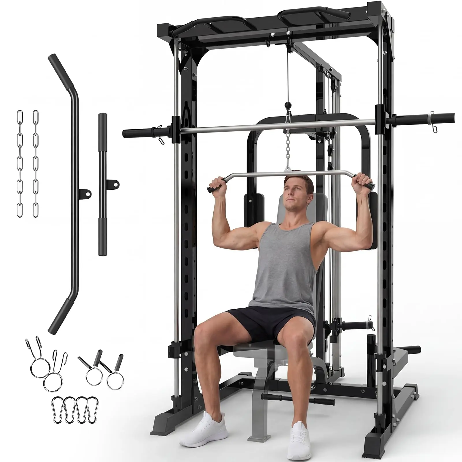 Smith Machine, Heavy Duty Power Cage Squat Rack with Smith Bar, LAT Pulldown System, Chest Station & More Training Attachment, Multi-functional Home Gym Equipment for Strengthen Training(3 Boxes)