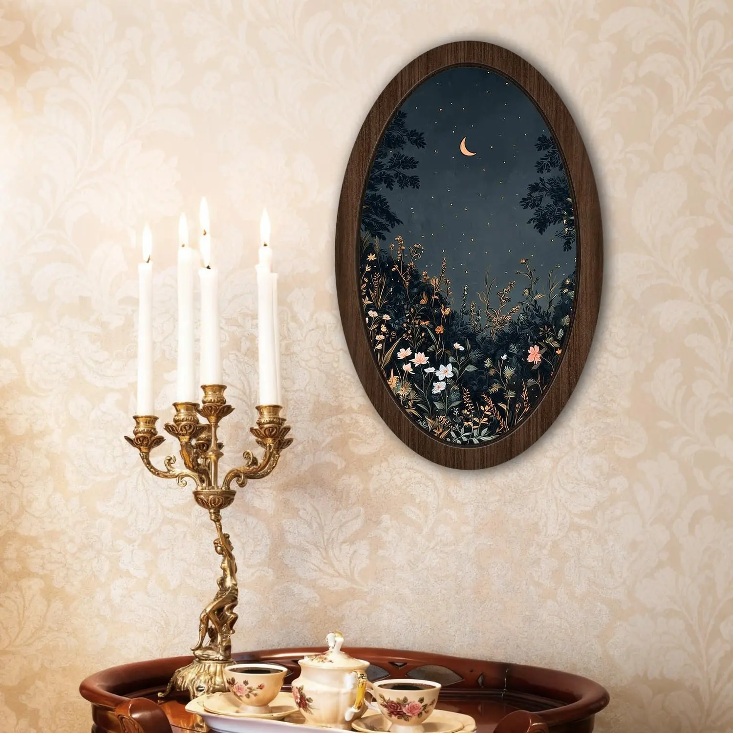 Vintage Wildflowers Dark Forest Oval Wooden Wall Decor, Gothic Crescent Moon Hanging Ornament, Bedroom Living Room Home Decoration