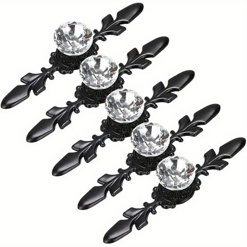 5-Piece Drawer Latch and Handle Set - Decorative Crystal Glass Diamond Latch with Tray, suitable for cabinet and closet doors, includes screws for kitchen, bathroom, and office decoration