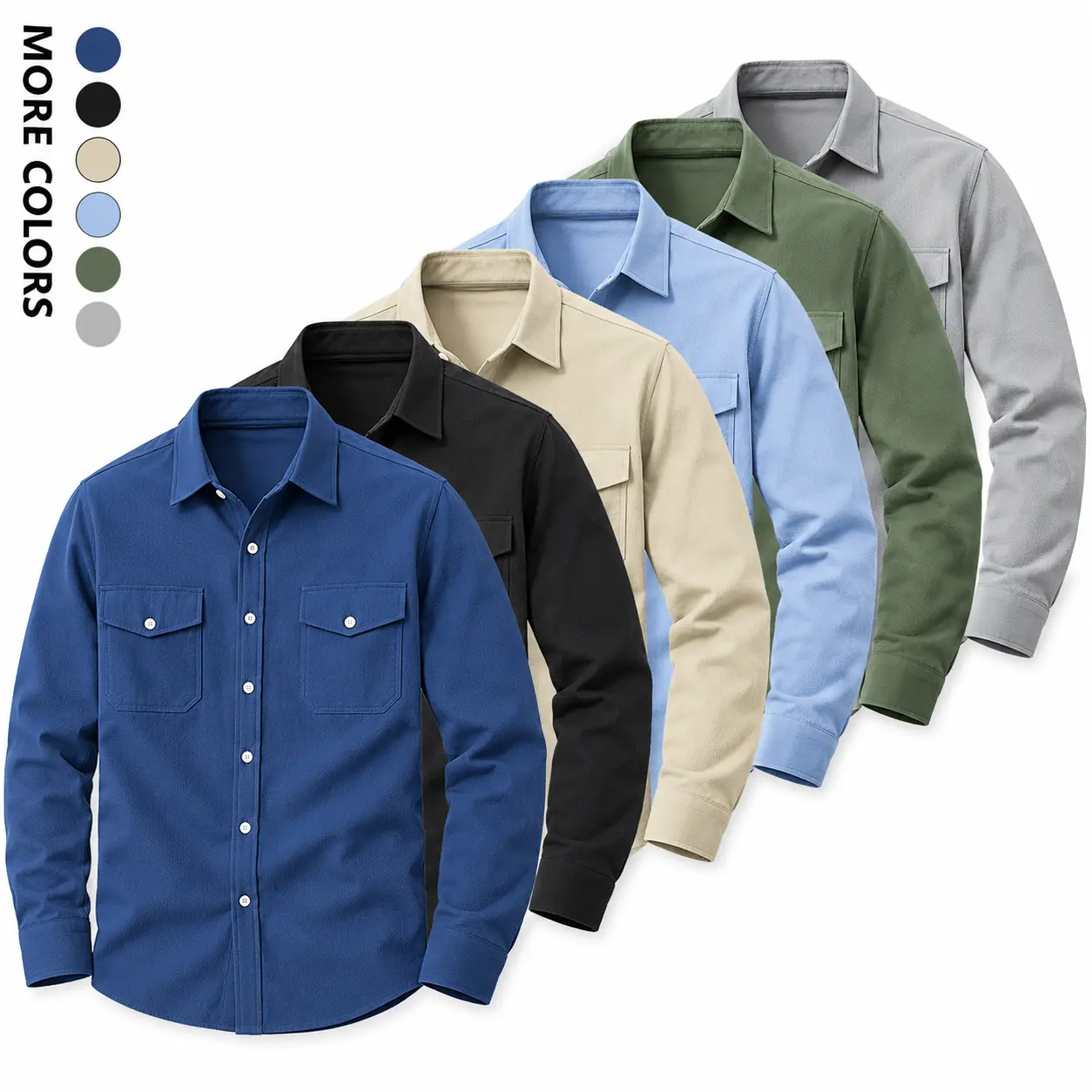 Men's Vintage Cardigan Work Shirts - Heavy Twill, 2 Chest Pockets, Textured Woven Fabric, Plain Casual Long-Sleeve Point Collar Button-Down Utility Overshirts, Soft Loose Fit Spring Autumn Transition Tops, Plus Sizes Daily Layering Workwear, Button Collar