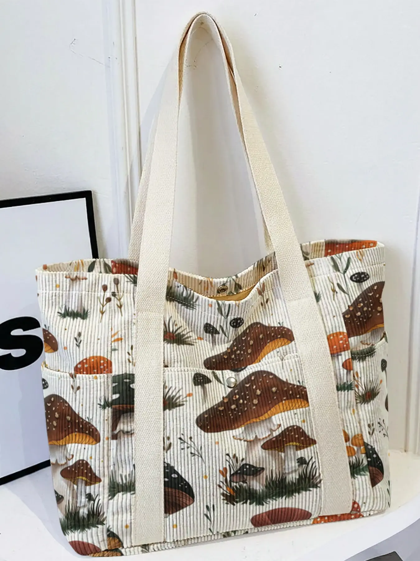 Women's tote bag, Watercolor Style Assorted Mushrooms and Herbs Pattern 2D Print, Multi-pocket travel tote with wide strap, fit for daily, school and shopping.