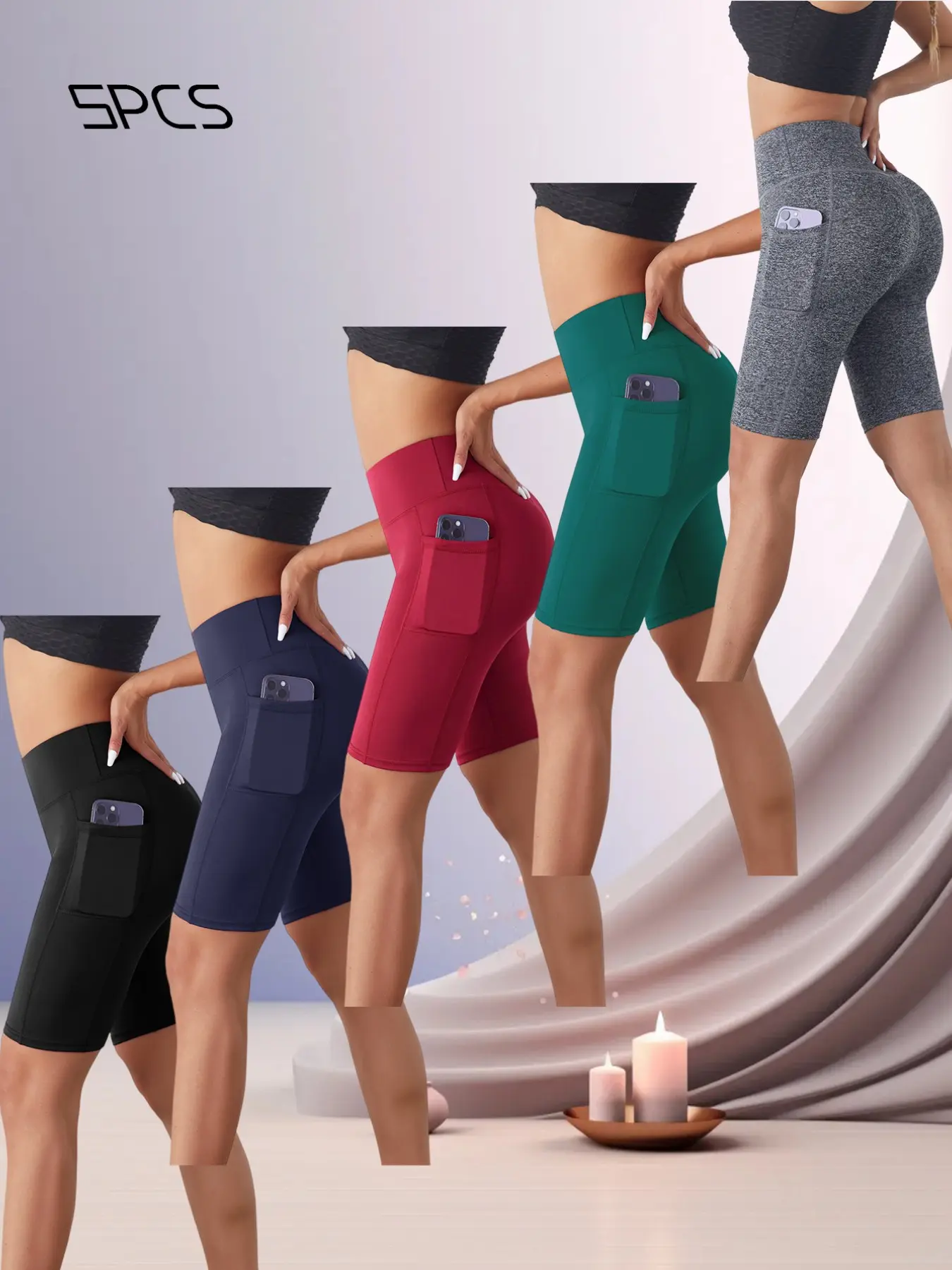 5pcs New Yoga Shorts for Women, High Waist with Pockets, Butt Lifting, Running Training, Fitness, Athletic Training Shorts, Cycling, Five-Piece Set