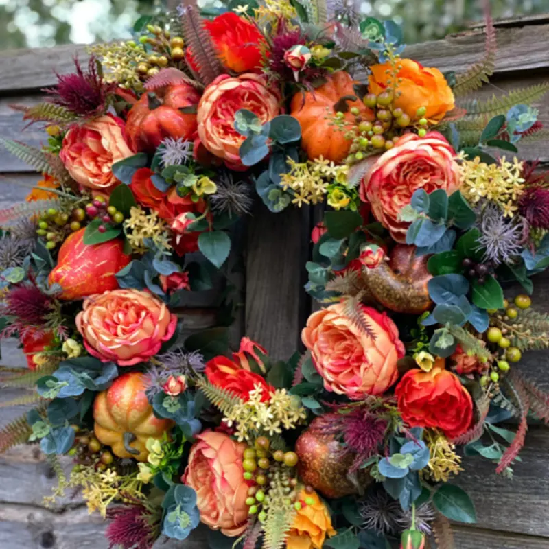 Autumn Pumpkin Wreath for Front Door, Farmhouse Fall Decor with Maple Leaves Roses Pumpkins Berries, Thanksgiving Indoor Hallway Decoration, Festive Decoration