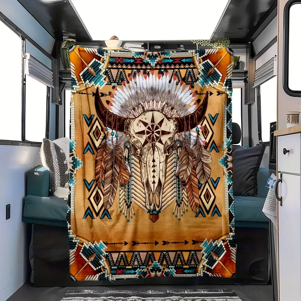 Western Buffalo Skull Blanket, Boho Tribal Flannel Throw Blanket, Rustic Cowboy Style Cozy Blanket for Couch Bed Camping RV Decor
