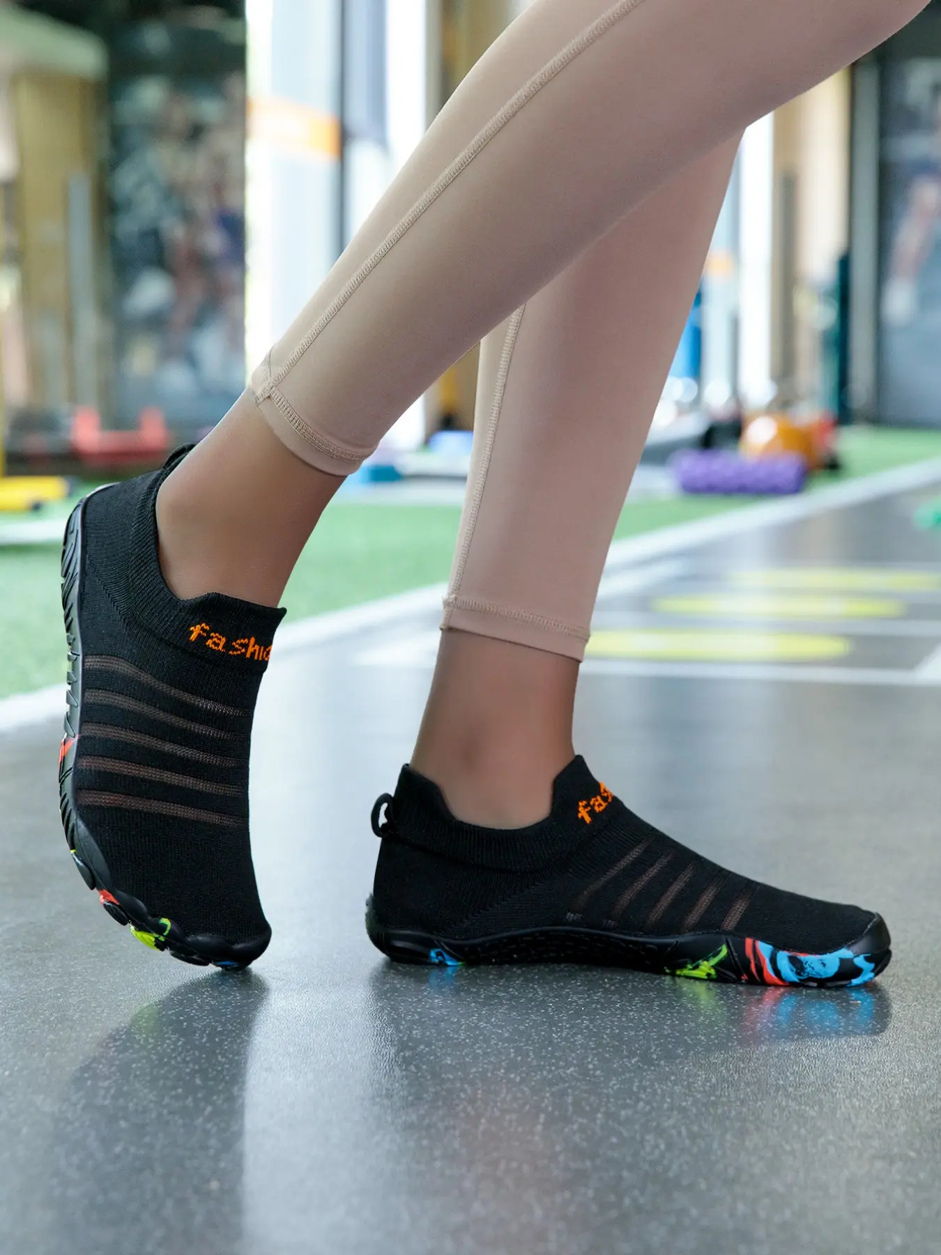 New Colorful Non-Slip Indoor Fitness Socks, Striped Contrast Mesh Design, All-Season Comfort, Ideal for Beach and Swimming