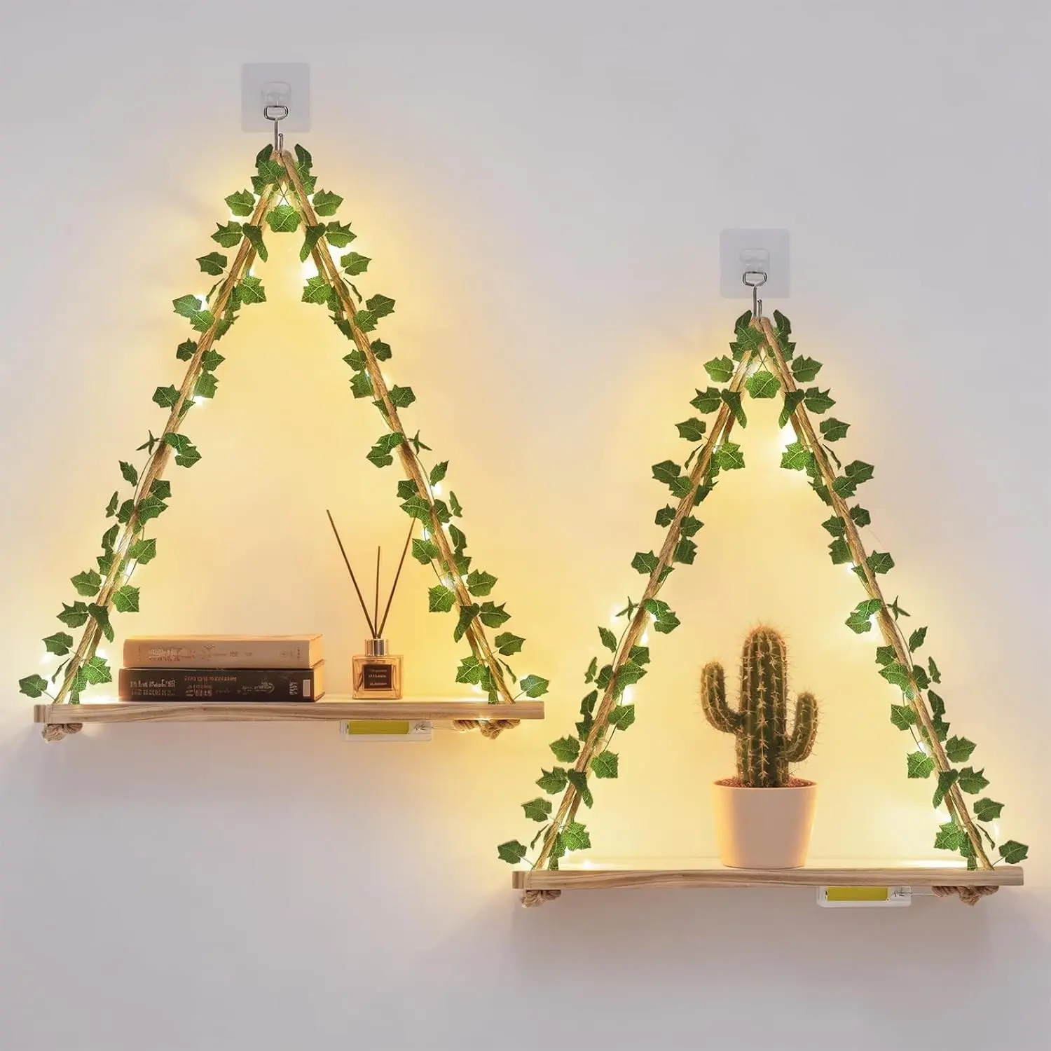 Hanging Floating Shelves No Drill, Macrame Plant Wall Shelf | 2 Set Boho Trinket Shelf with Artificial Ivy and LED Lights, Wall Art Aesthetic Decor for Bedroom, Dorm, Two-Way InstallGift