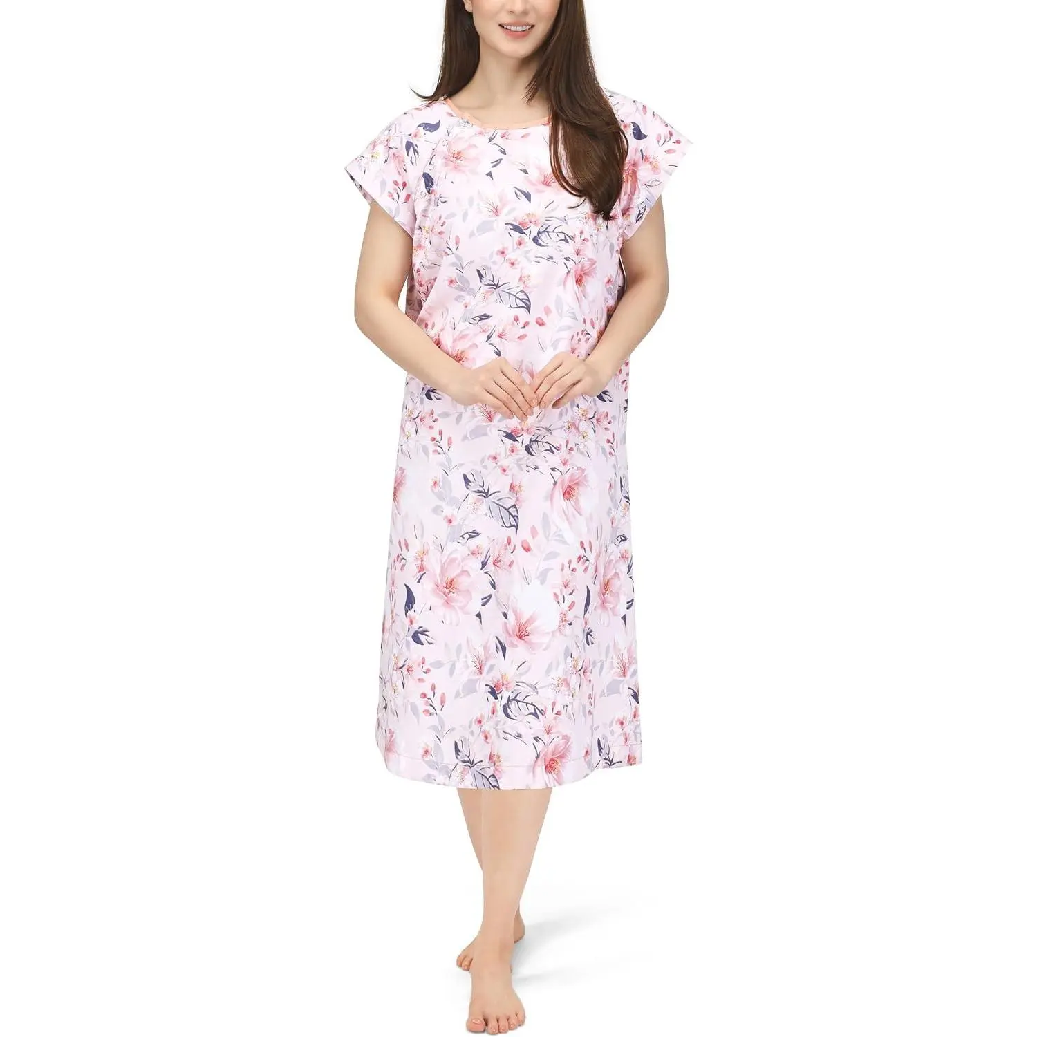 Women's Hospital Gown with Snap Button Closure, Soft Patient Gown Loose-Fit Comfortable Stylish, Easy Front & Back Access for Medical, Maternity & Everyday Utility