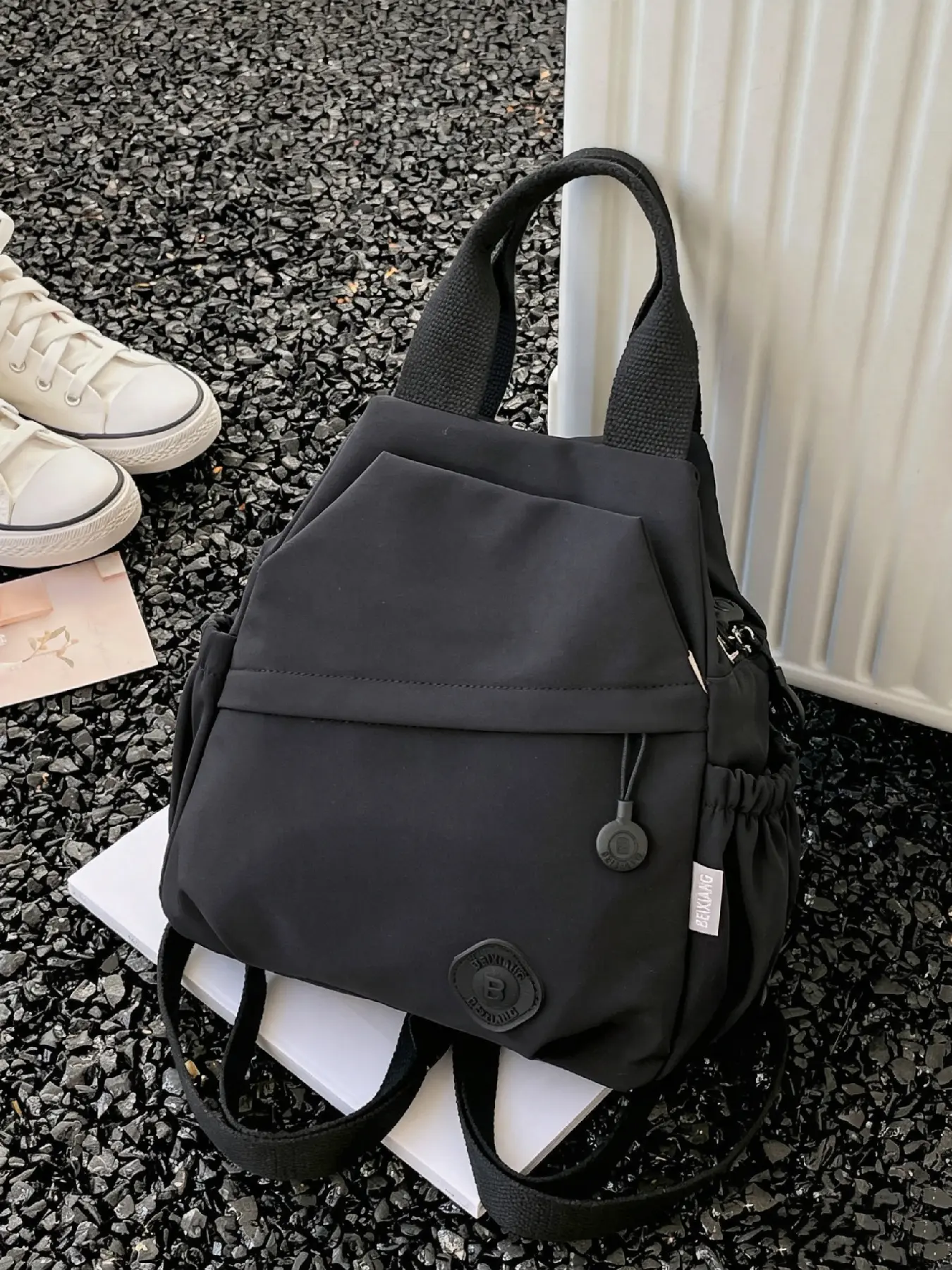 Solid color lightweight nylon mini backpack, detachable wide shoulder strap, side drawstring storage pocket, multifunctional chest bag for couples, suitable for daily outings, Lightweight Casual Daypack