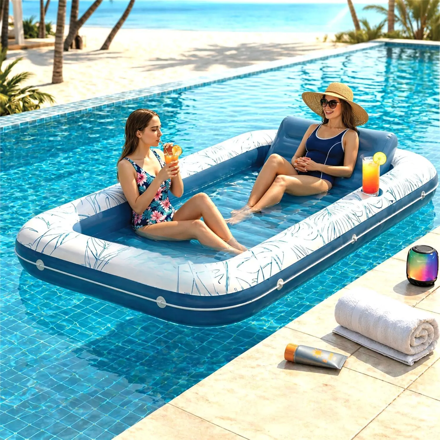 Inflatable Tanning Pool Lounger|Large Inflatable Tanning Bed for Adults -4 in 1 Multipurpose Sunbed Tub| Pool Floats Adults