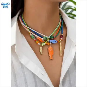 5-piece set Women's Elegant Colorful Beaded Necklace Set, Trendy Marine Life Charm Layered Statement Necklaces, Adjustable Tarnish-Proof Jewelry Gift for Girlfriends summerwins